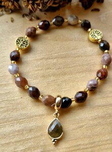 Bruine Versteend Hout armband met  Labradoriet